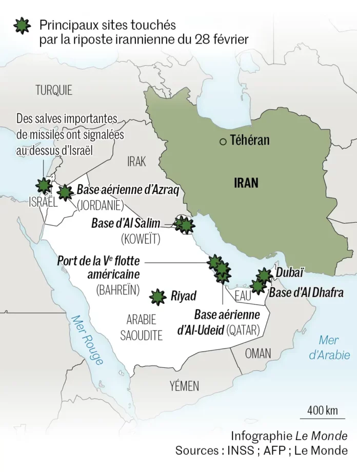Carte des frappes de l'Iran en riposte